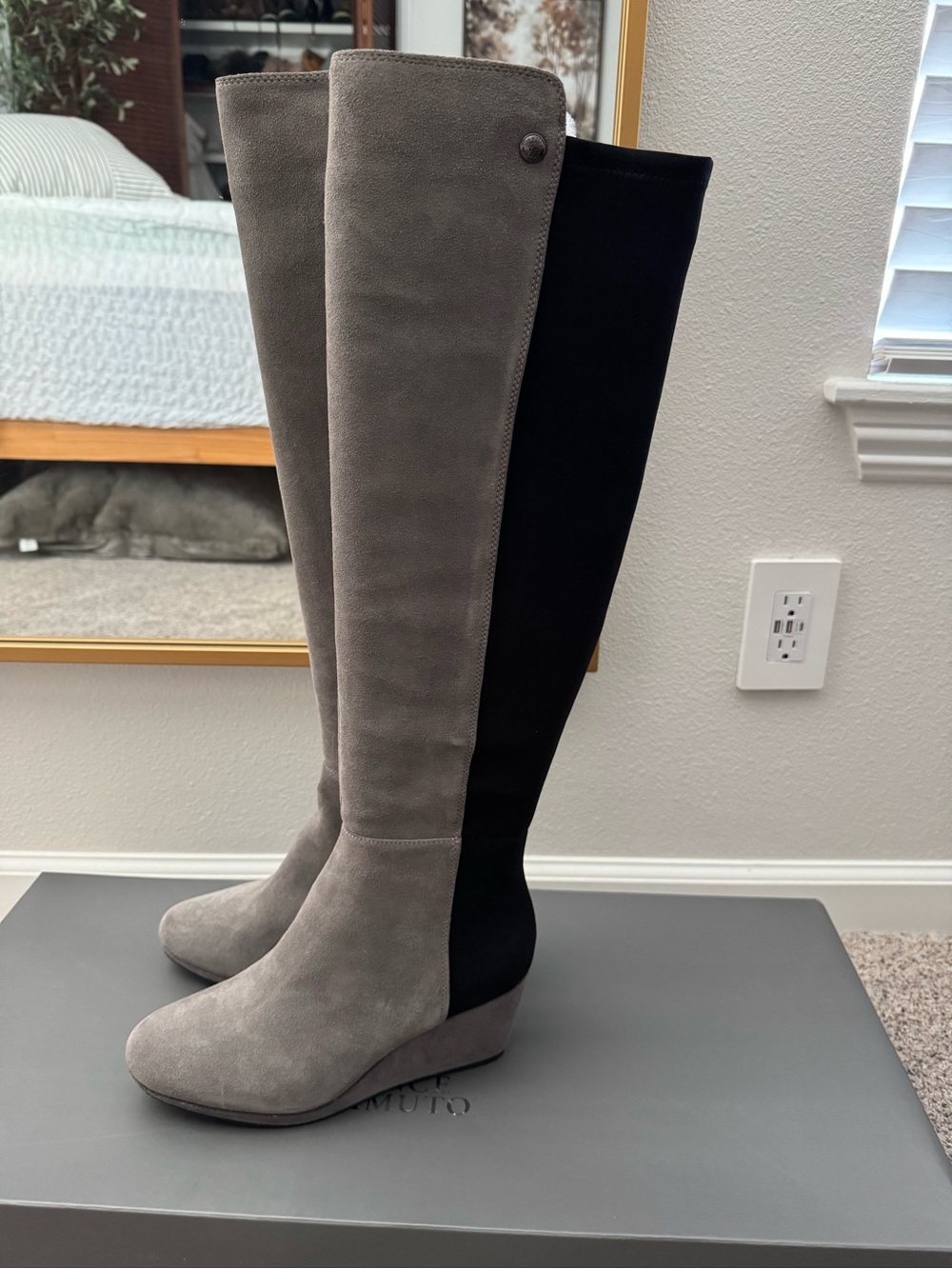 Vince Camuto Alexila OTK Boots | Two-Tone Wedge Grey and Black | Size 9 W